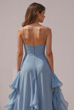 Dusty Blue Spaghetti Straps Chiffon A-Line Long Bridesmaid Dress with Ruffles