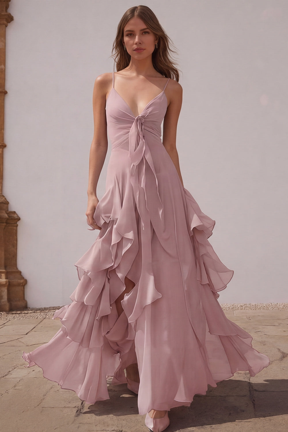 Zapaka Women Dusty Blue A Line Long Bridesmaid Dress with Slit Ruffled Spaghetti Straps Tiered Wedding Guest Dress, Grey Blue / US6