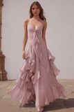 Dusty Blue Chiffon Spaghetti Straps A-Line Long Bridesmaid Dress with Ruffles