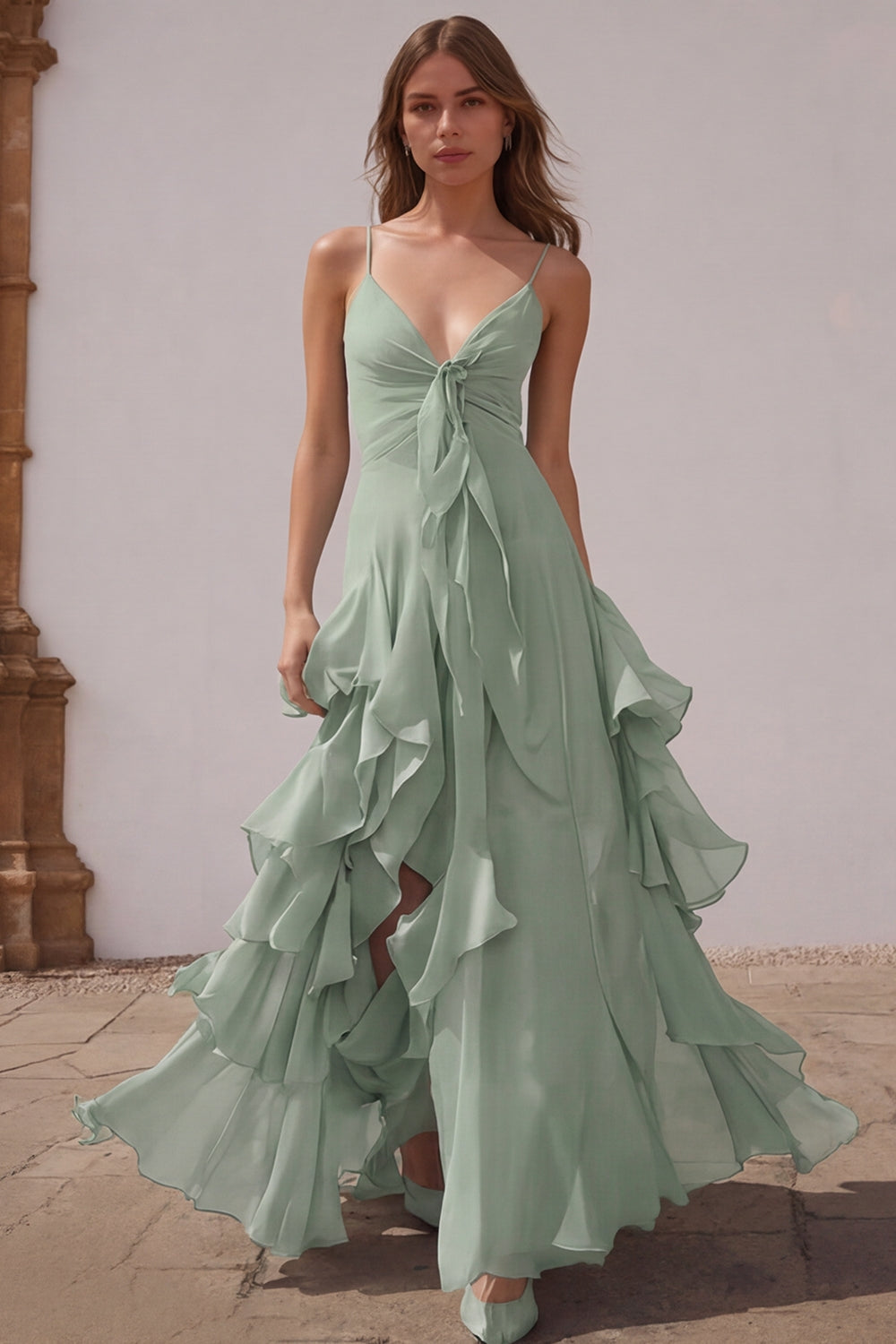 Zapakasa Women Dusty Blue Chiffon A-Line Long Bridesmaid Dress with Ruffles Spaghetti Straps Tiered Wedding Guest Dress Zapakasa Women Dusty Blue Chiffon A-Line Long Bridesmaid Dress with Ruffles Spaghetti Straps Tiered Wedding Guest Dress