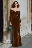 Dark Blue Velvet Mermaid Off the Shoulder Long Sleeves Bridesmaid Dress with Slit
