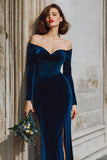 Dark Blue Off the Shoulder Velvet Long Sleeves Mermaid Long Bridesmaid Dress with Slit