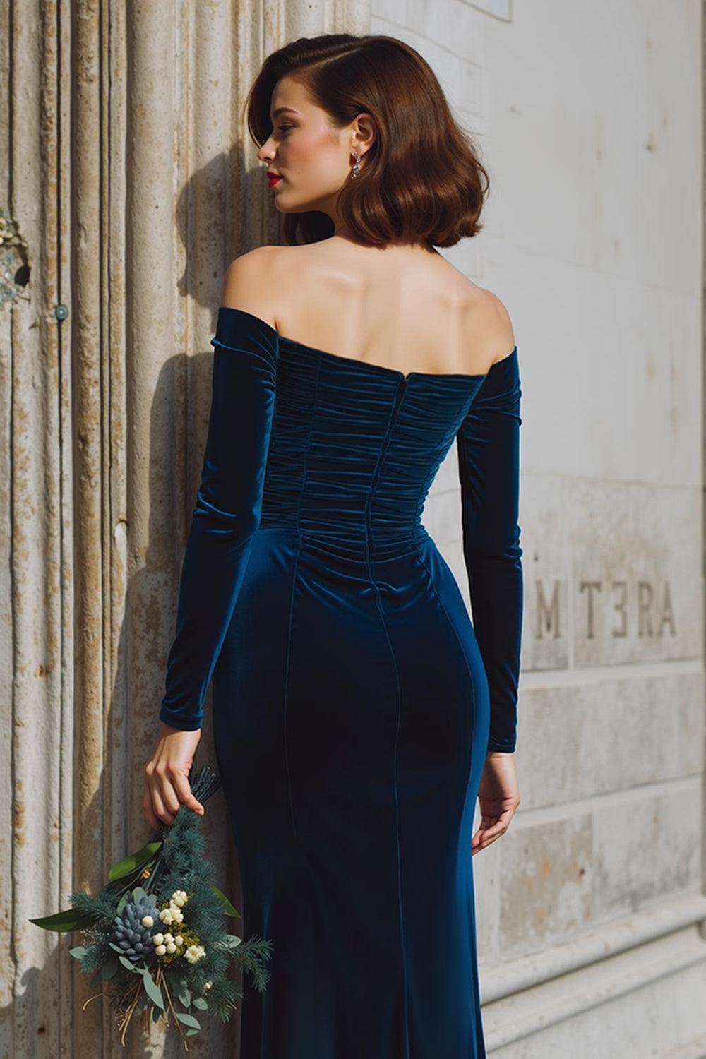 Dark Blue Off the Shoulder Velvet Long Sleeves Mermaid Long Bridesmaid Dress with Slit