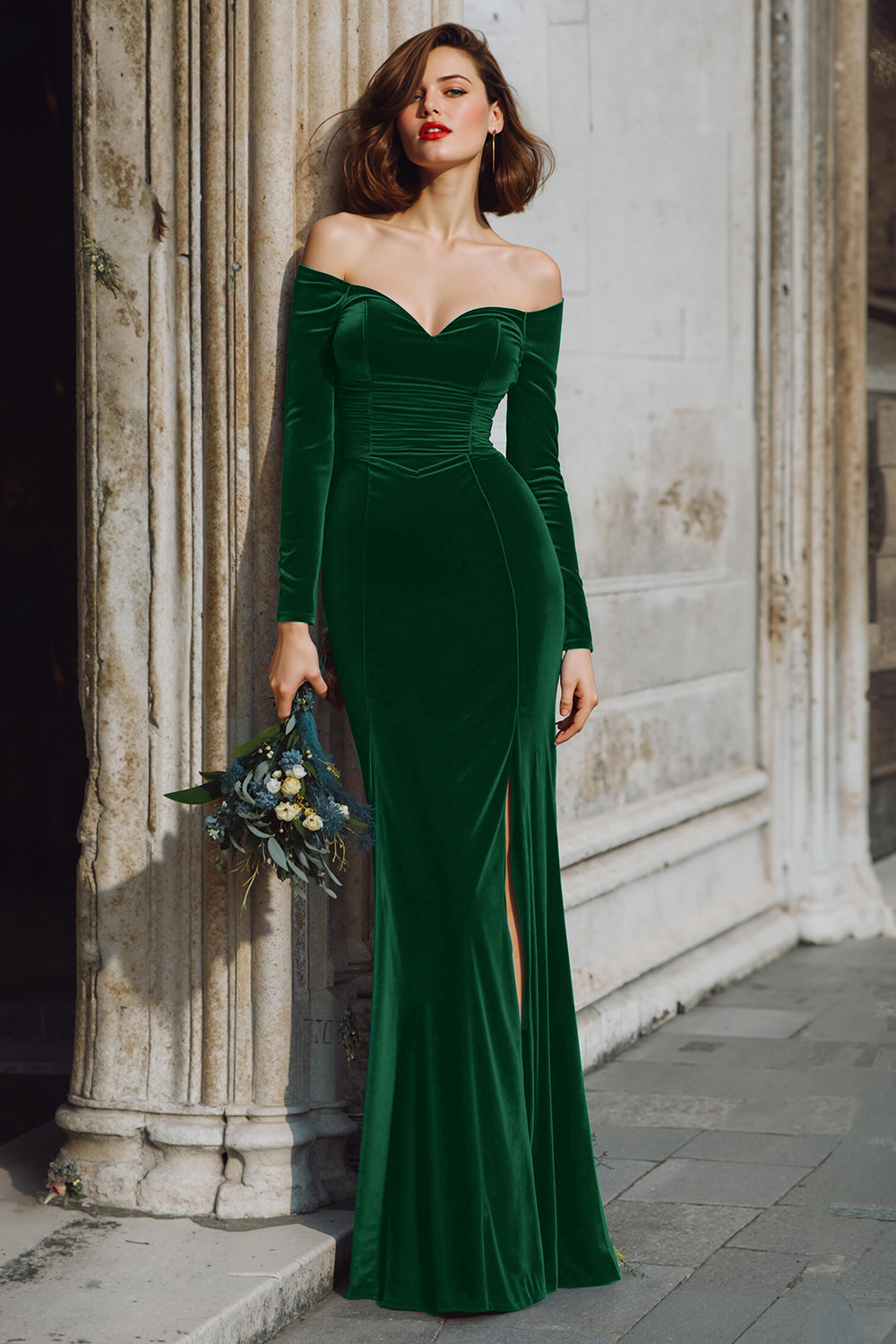 Dark Blue Velvet Mermaid Off the Shoulder Long Sleeves Bridesmaid Dress with Slit