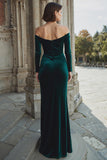 Dark Green Off the Shoulder Velvet Long Sleeves Mermaid Long Bridesmaid Dress with Slit