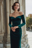 Dark Green Off the Shoulder Velvet Long Sleeves Mermaid Long Bridesmaid Dress with Slit