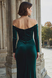 Dark Green Off the Shoulder Velvet Long Sleeves Mermaid Long Bridesmaid Dress with Slit
