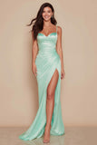 Mint Green Spaghetti Straps Mermaid Satin Long Bridesmaid Dress with Slit