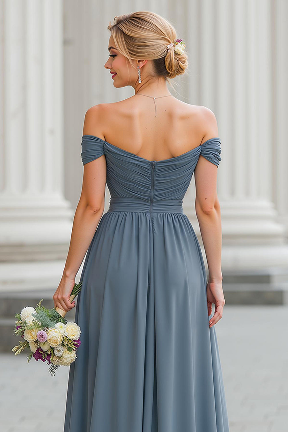 Twilight Blue Off the Shoulder Chiffon A-Line Long Bridesmaid Dress with Slit
