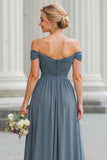 Twilight Blue Off the Shoulder Chiffon A-Line Long Bridesmaid Dress with Slit