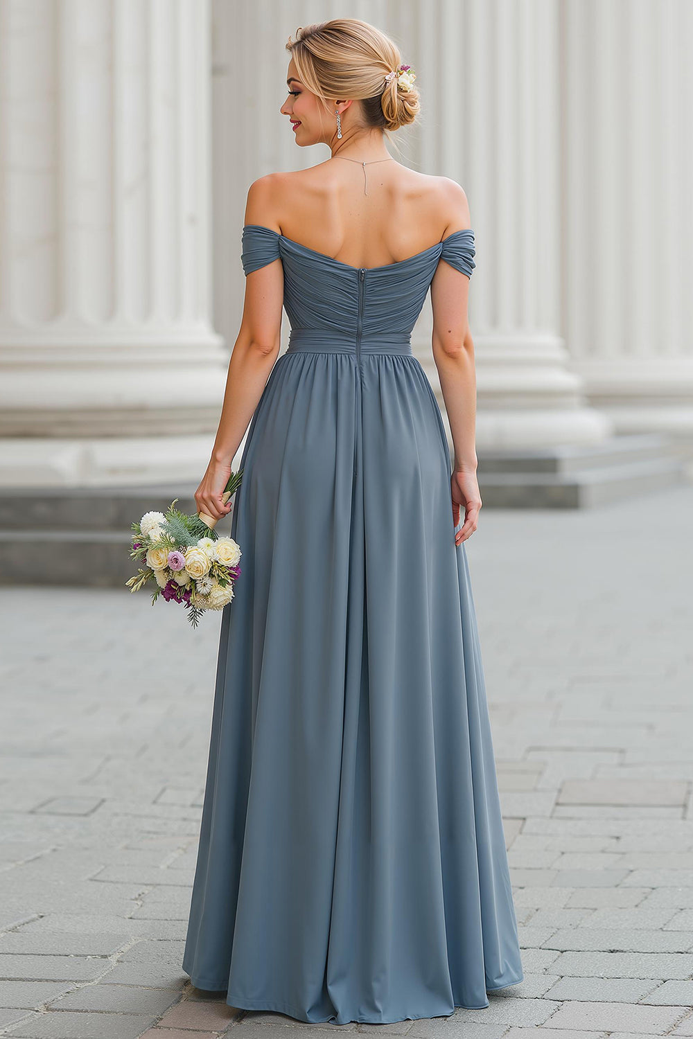 Zapaka Women Twilight Maxi Bridesmaid Dress with Slit Off the Shoulder A Line Wedding Guest Dress, Twilight / US2