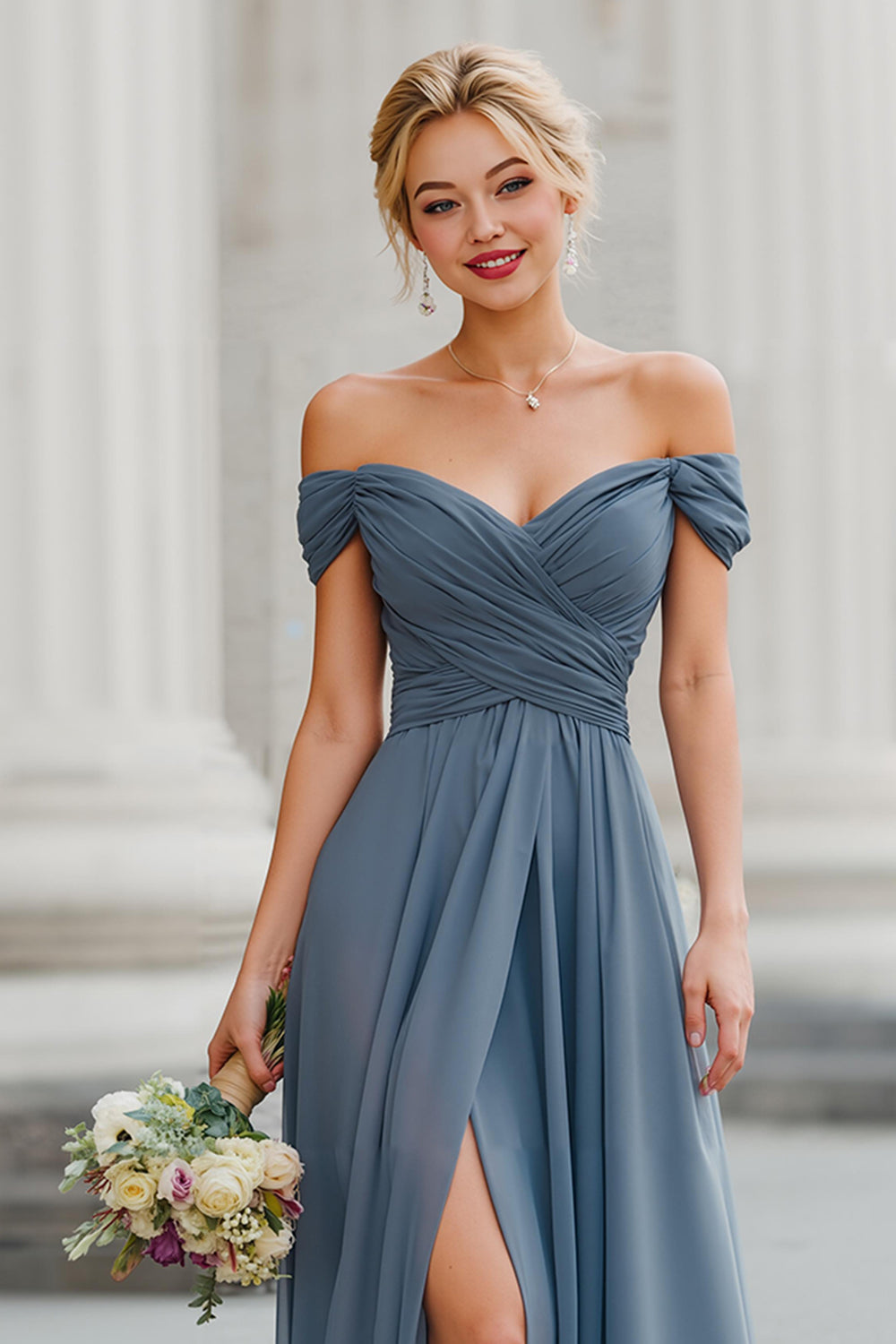 Twilight Blue Off the Shoulder Chiffon A-Line Long Bridesmaid Dress with Slit