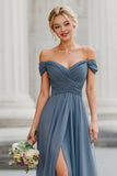 Twilight Blue Off the Shoulder Chiffon A-Line Long Bridesmaid Dress with Slit