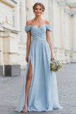 Sky Blue Off the Shoulder A-Line Chiffon Long Bridesmaid Dress with Slit