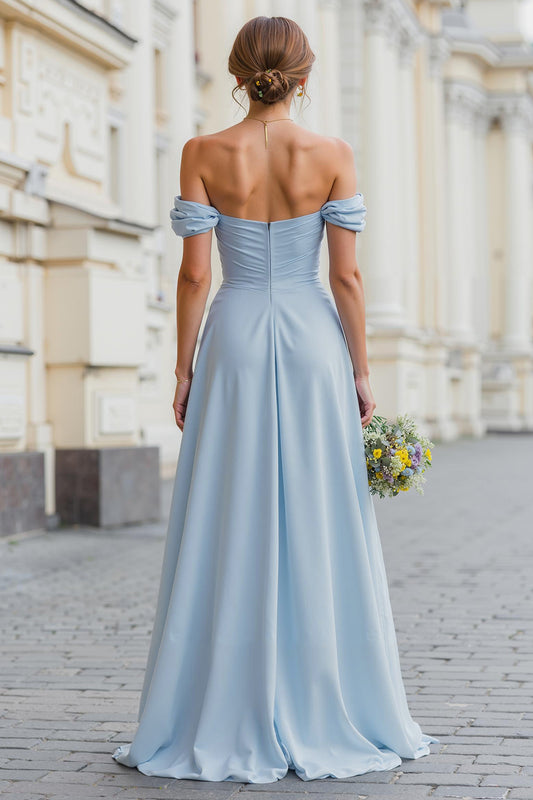 Sky Blue Off the Shoulder A-Line Chiffon Long Bridesmaid Dress with Slit