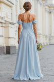 Sky Blue Off the Shoulder A-Line Chiffon Long Bridesmaid Dress with Slit