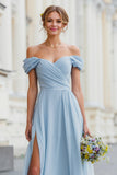 Sky Blue Off the Shoulder A-Line Chiffon Long Bridesmaid Dress with Slit