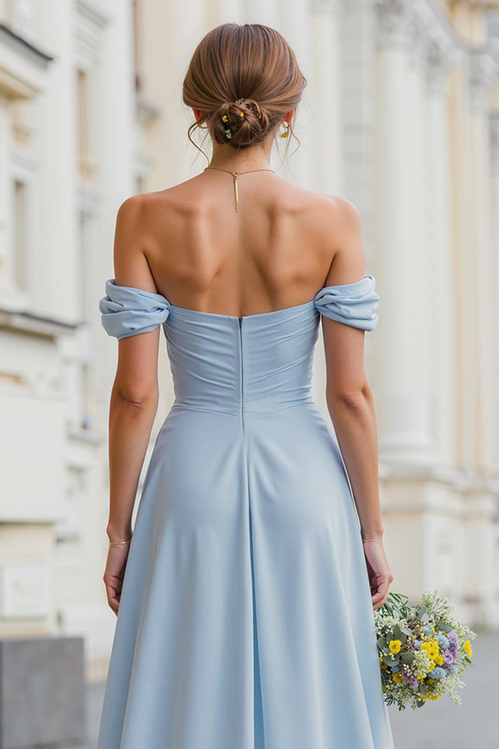 Sky Blue Off the Shoulder A-Line Chiffon Long Bridesmaid Dress with Slit