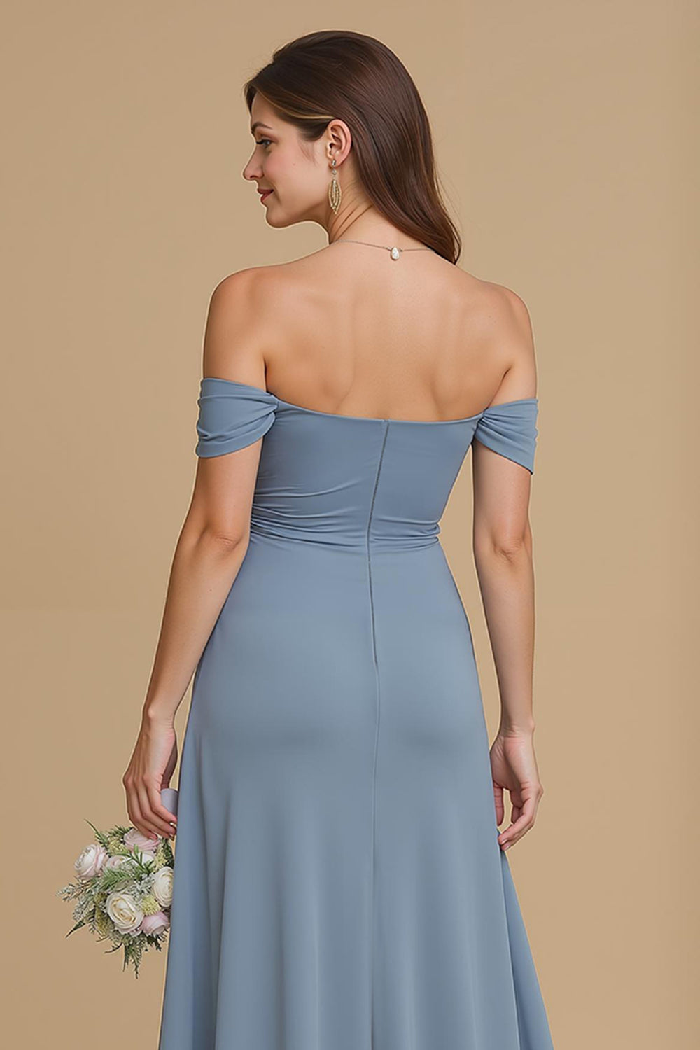 Twilight Blue Chiffon Off the Shoulder A-Line Long Bridesmaid Dress with Slit