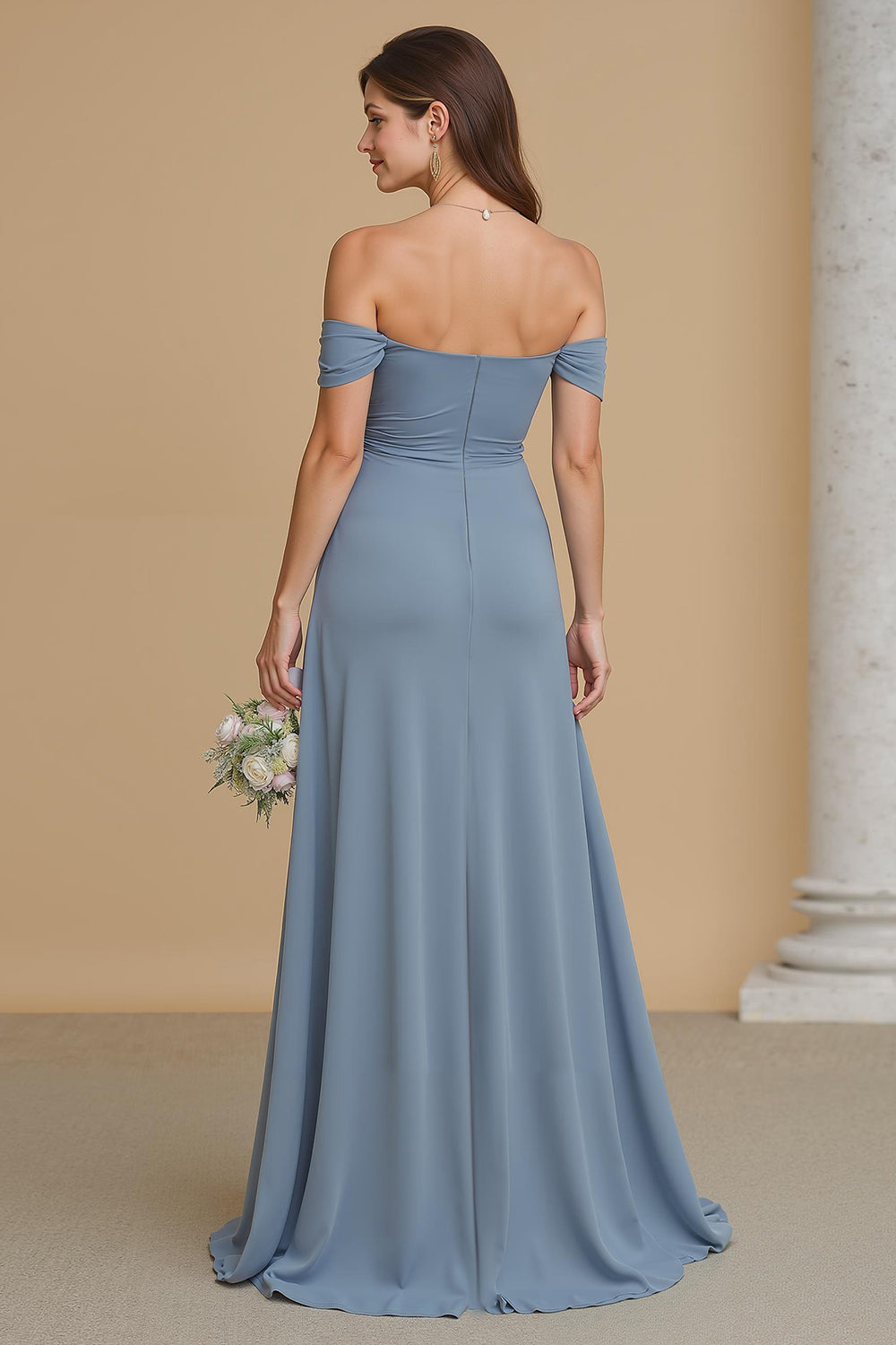 Twilight Blue Chiffon Off the Shoulder A-Line Long Bridesmaid Dress with Slit