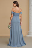 Twilight Blue Chiffon Off the Shoulder A-Line Long Bridesmaid Dress with Slit