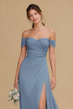 Twilight Blue Chiffon Off the Shoulder A-Line Long Bridesmaid Dress with Slit