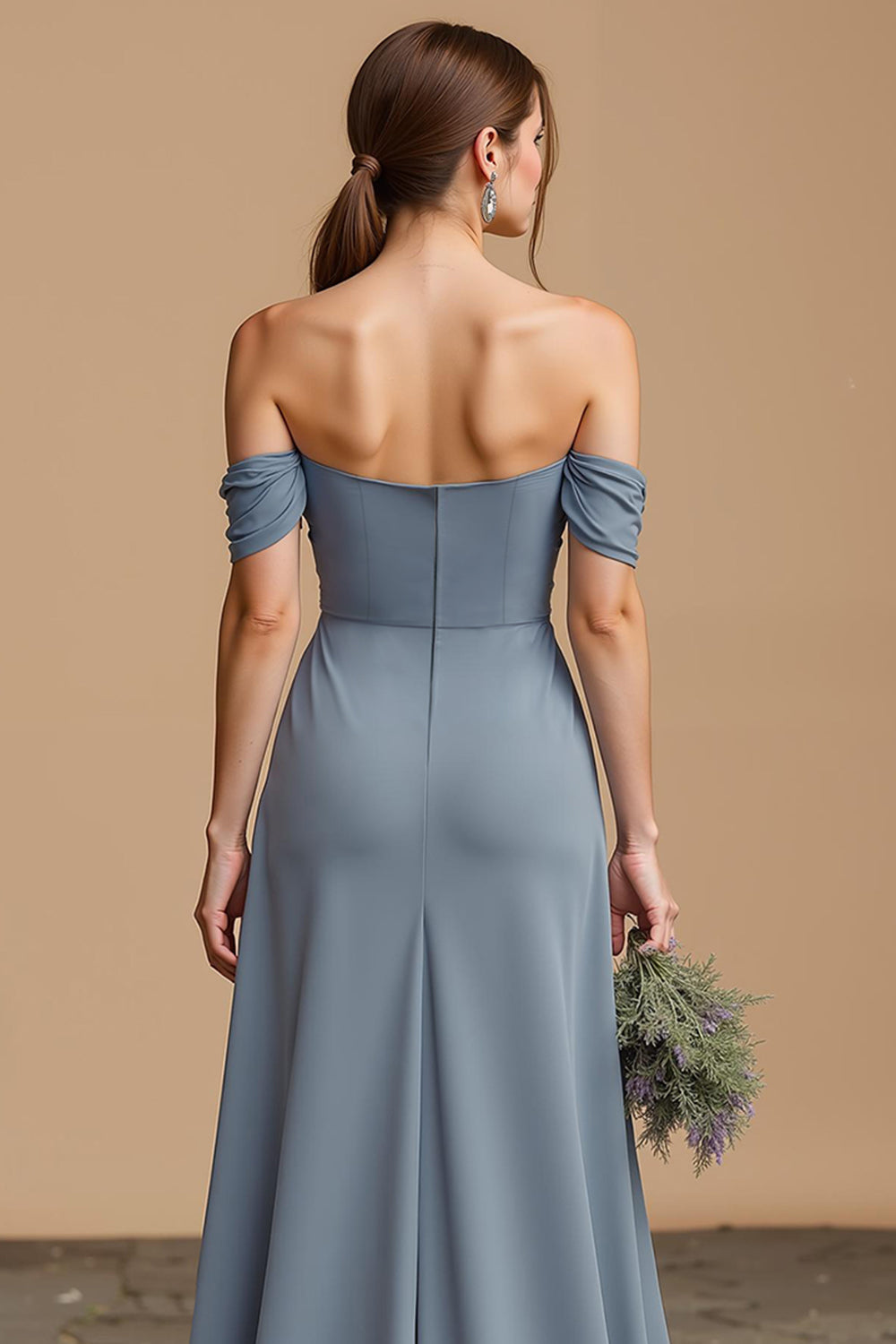 Twilight Blue Off the Shoulder A-Line Chiffon Long Bridesmaid Dress with Slit