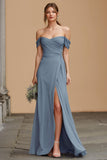 Twilight Blue Off the Shoulder A-Line Chiffon Long Bridesmaid Dress with Slit