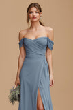 Twilight Blue Off the Shoulder A-Line Chiffon Long Bridesmaid Dress with Slit