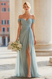 Grey Blue Off the Shoulder A-Line Chiffon Long Bridesmaid Dress with Slit