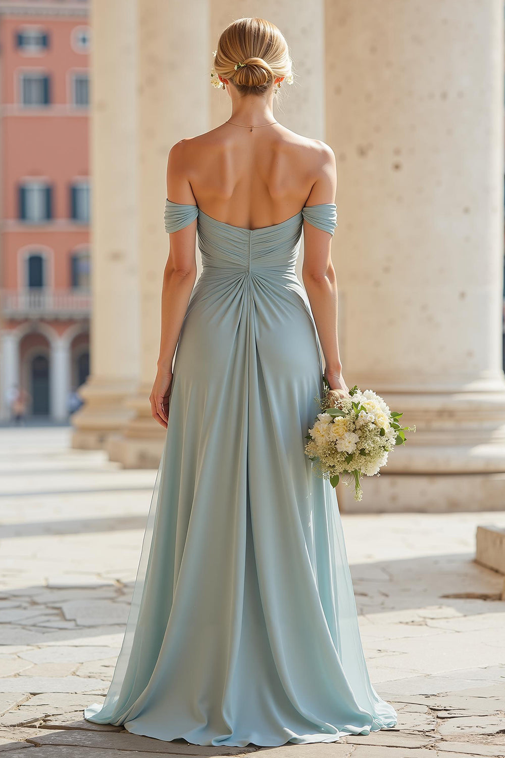 Zapakasa Women Grey Blue Chiffon A-Line Long Bridesmaid Dress Off the Shoulder Wedding Guest Dress with Slit Zapakasa Women Grey Blue Chiffon A-Line Long Bridesmaid Dress Off the Shoulder Wedding Guest Dress with Slit