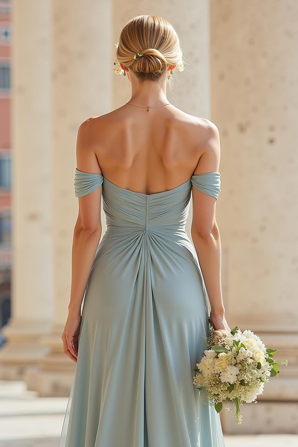 Grey Blue Off the Shoulder A-Line Chiffon Long Bridesmaid Dress with Slit