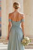 Grey Blue Off the Shoulder A-Line Chiffon Long Bridesmaid Dress with Slit