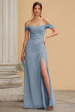 Dusty Blue Off the Shoulder Chiffon A-Line Long Bridesmaid Dress with Slit