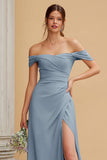 Dusty Blue Off the Shoulder Chiffon A-Line Long Bridesmaid Dress with Slit