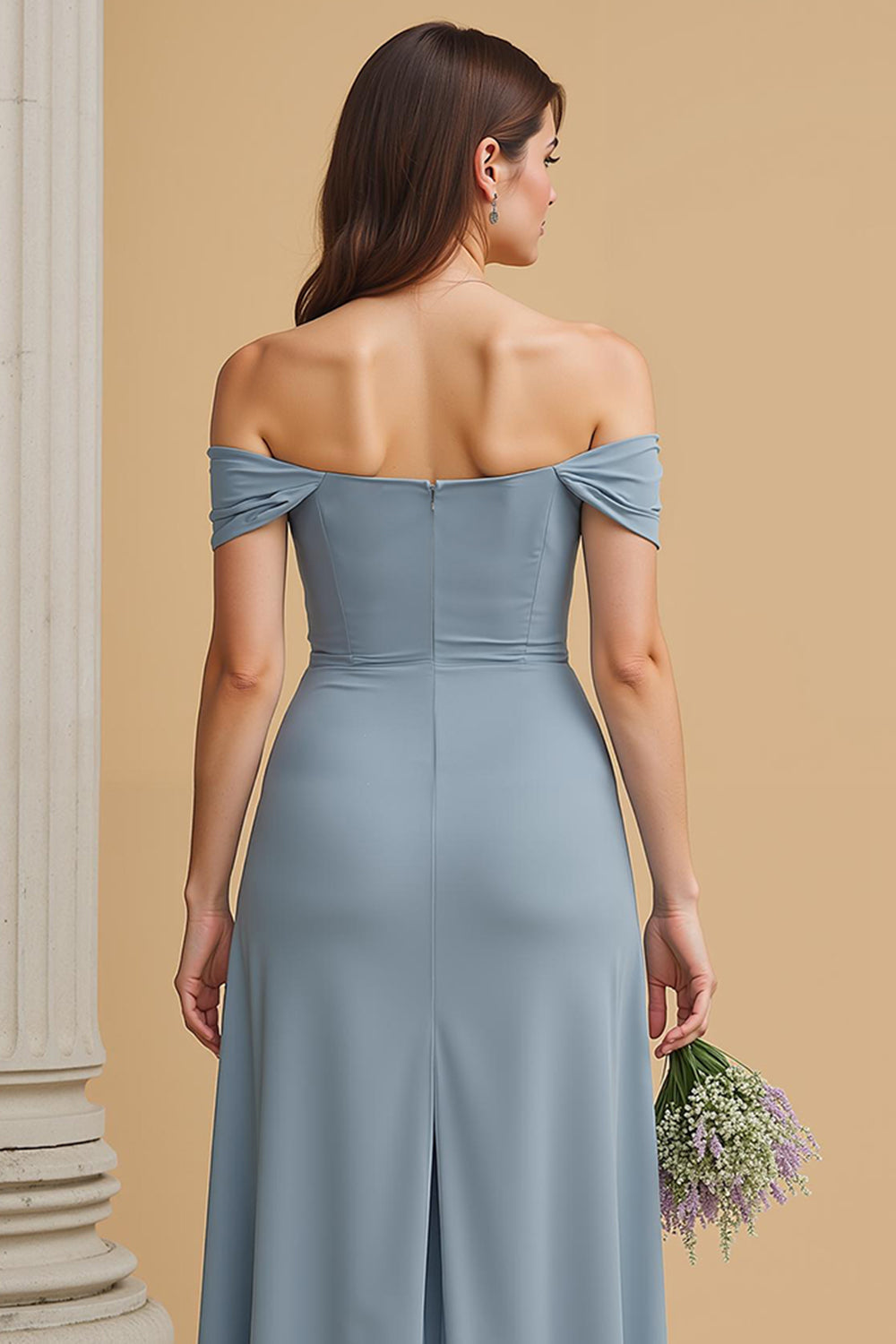 Dusty Blue Off the Shoulder Chiffon A-Line Long Bridesmaid Dress with Slit