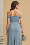 Dusty Blue Off the Shoulder Chiffon A-Line Long Bridesmaid Dress with Slit