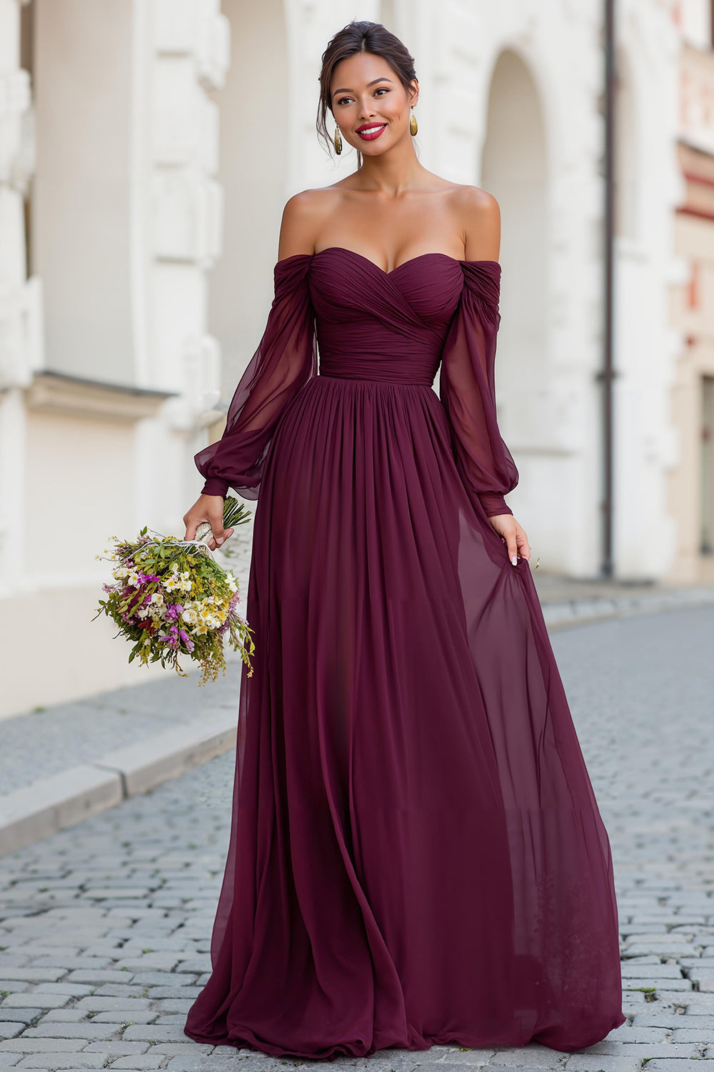 Zapaka Women Cabernet A Line Long Bridesmaid Dress Off the Shoulder Wedding Guest Dress with Sleeves, Cabernet / US4