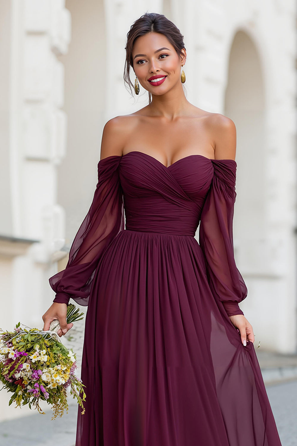 Zapaka Women Cabernet A Line Long Bridesmaid Dress Off the Shoulder Wedding Guest Dress with Sleeves, Cabernet / US4