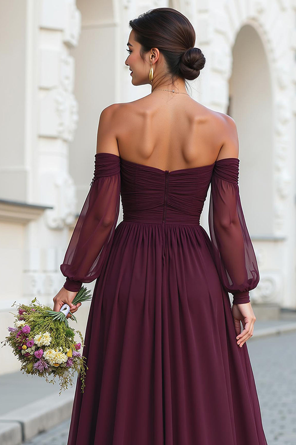 Cabernet Off the Shoulder Chiffon A-Line Long Bridesmaid Dress with Sleeves