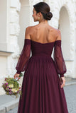 Cabernet Off the Shoulder Chiffon A-Line Long Bridesmaid Dress with Sleeves