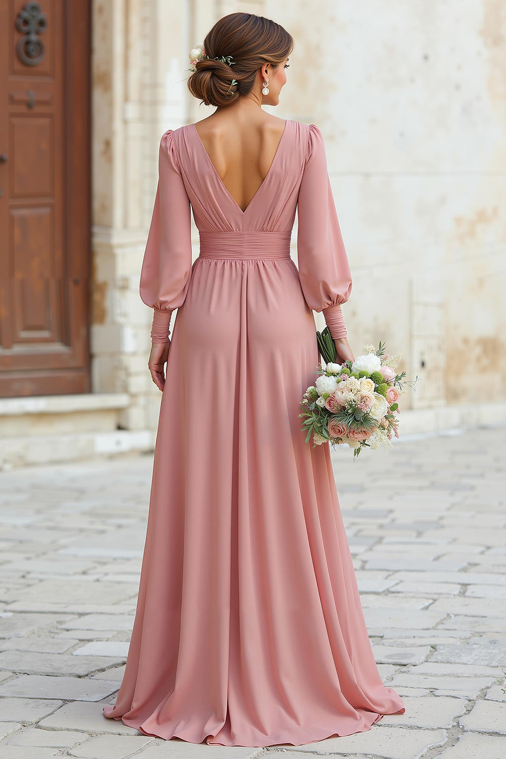 Zapaka Women Dusty Rose V-Neck Maxi Bridesmaid Dress with Sleeves A Line Ruched Wedding Guest Dress, Dusty Rose / US2