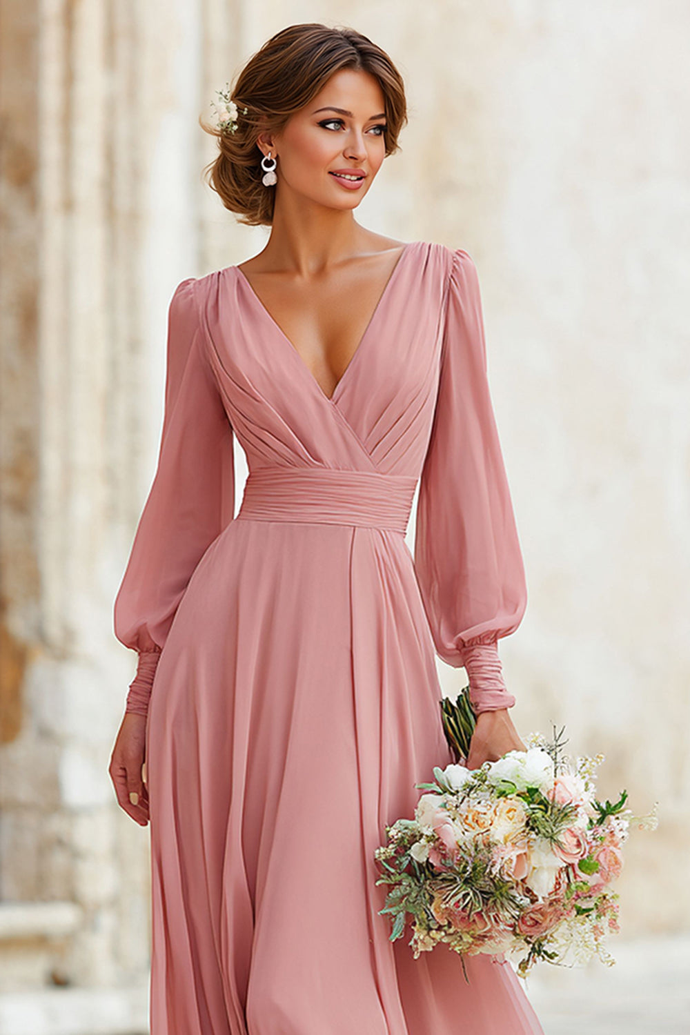 Dusty Rose V-Neck Chiffon A-Line Long Bridesmaid Dress with Sleeves