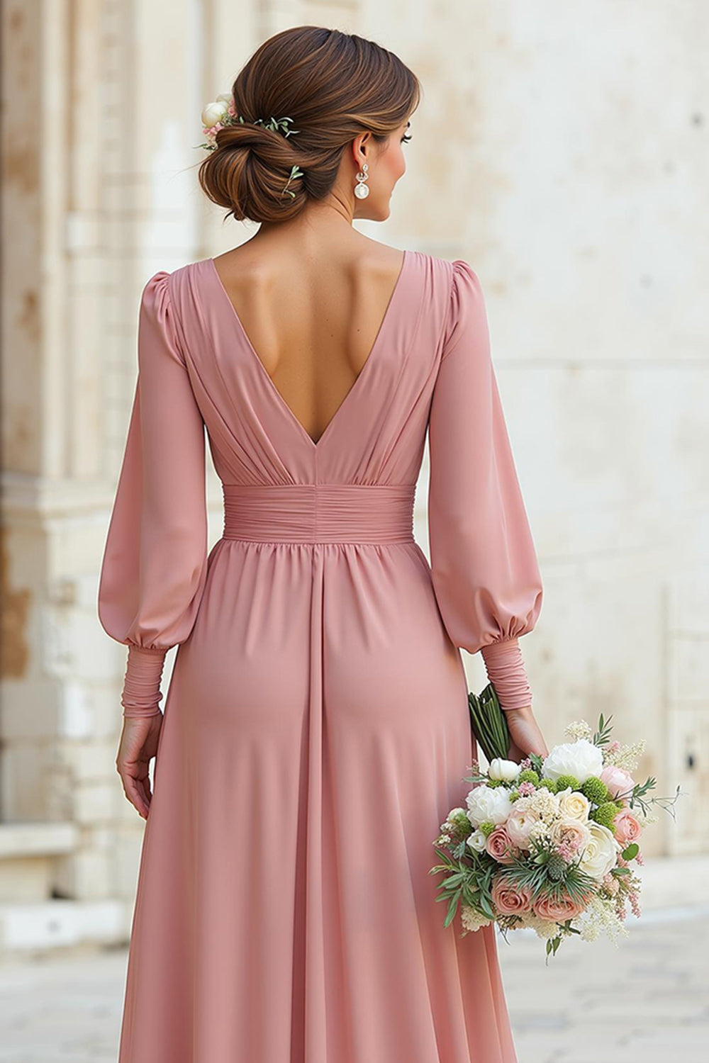 Dusty Rose V-Neck Chiffon A-Line Long Bridesmaid Dress with Sleeves