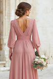 Dusty Rose V-Neck Chiffon A-Line Long Bridesmaid Dress with Sleeves