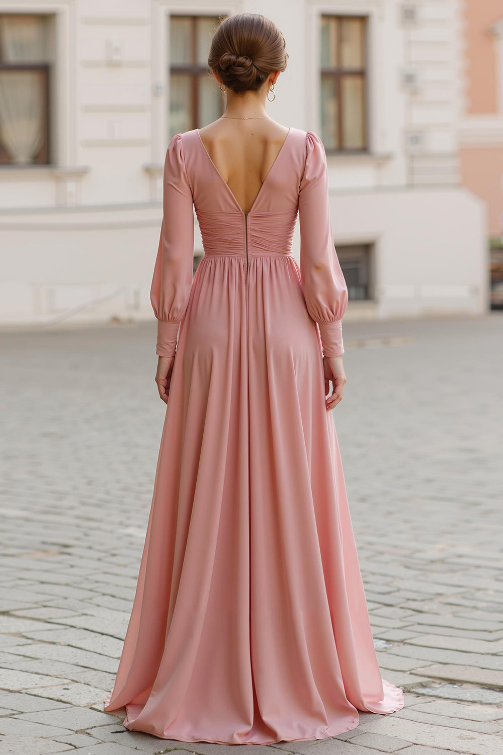 Zapakasa Women Dusty Rose Chiffon A-Line Long Bridesmaid Dress V-Neck Long Sleeves Wedding Guest Dress Zapakasa Women Dusty Rose Chiffon A-Line Long Bridesmaid Dress V-Neck Long Sleeves Wedding Guest Dress