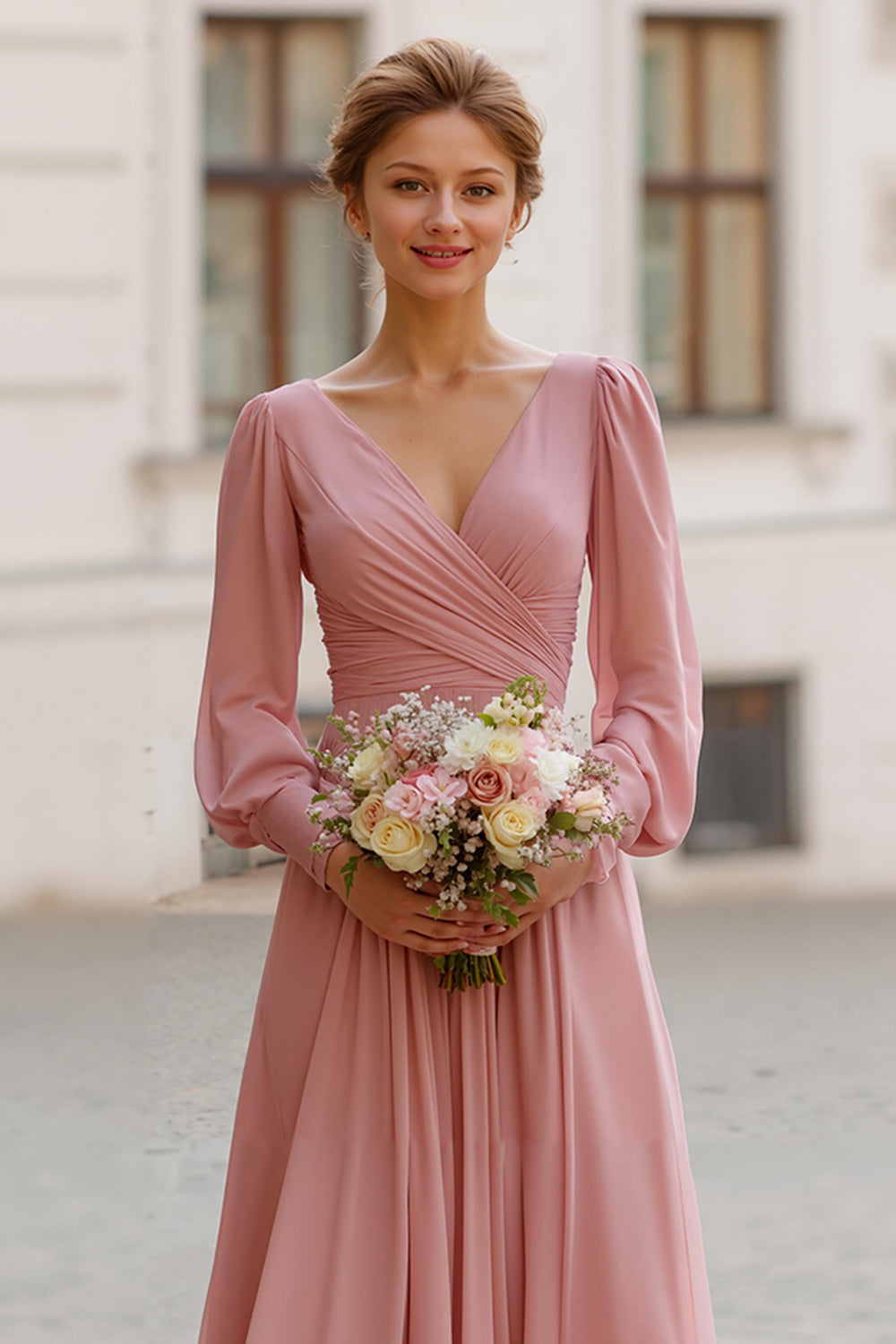 Dusty Rose Chiffon V-Neck A-Line Long Bridesmaid Dress with Sleeves