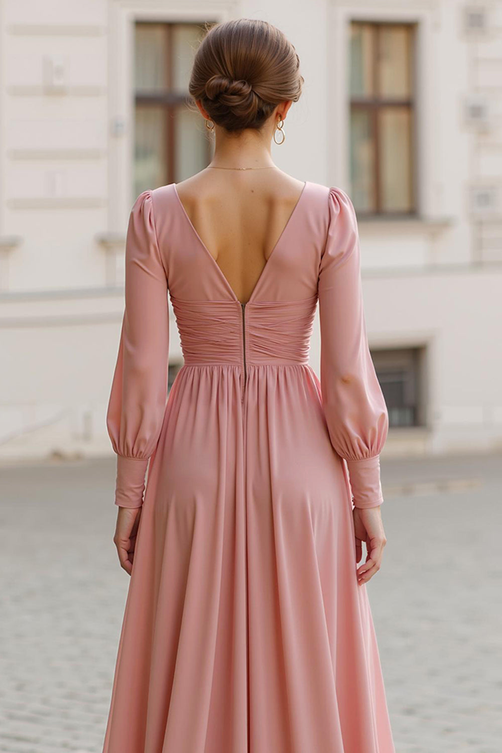 Dusty Rose Chiffon V-Neck A-Line Long Bridesmaid Dress with Sleeves