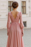 Dusty Rose Chiffon V-Neck A-Line Long Bridesmaid Dress with Sleeves