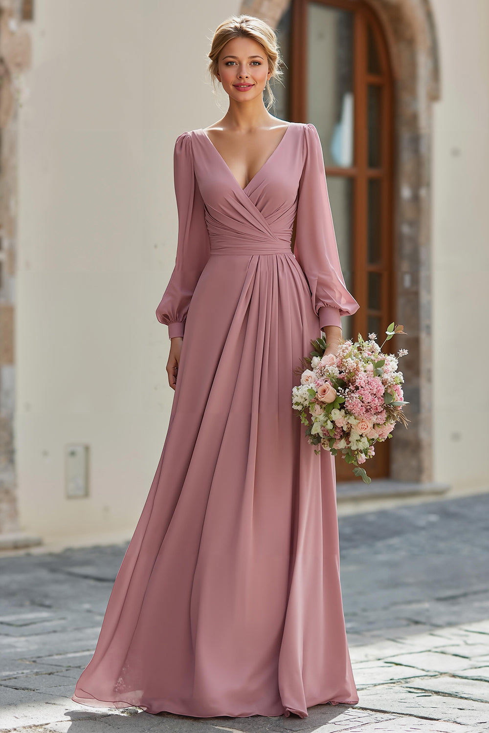 Zapakasa Women Dusty Rose Chiffon A-Line Long Bridesmaid Dress V-Neck Long Sleeves Wedding Guest Dress Zapakasa Women Dusty Rose Chiffon A-Line Long Bridesmaid Dress V-Neck Long Sleeves Wedding Guest Dress